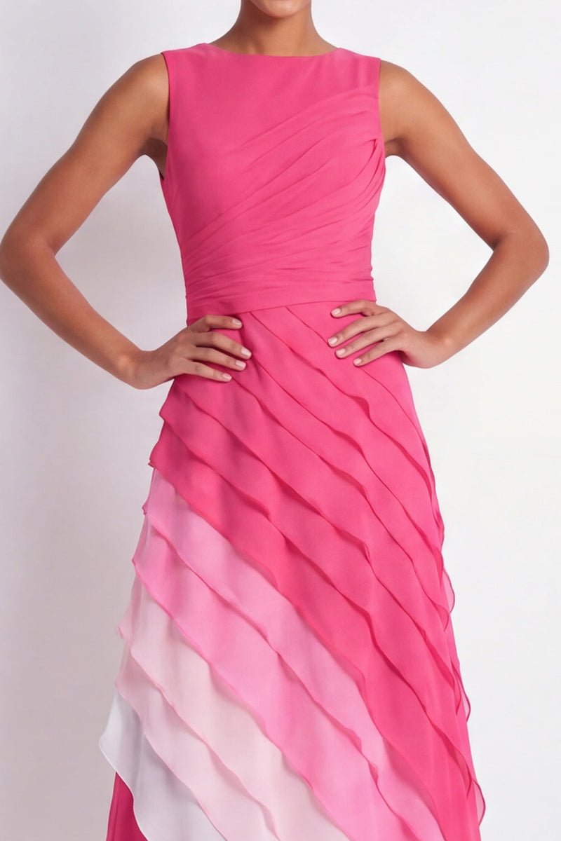 Load image into Gallery viewer, Boat Neck Fuchsia Maxi A Line Color Block Wedding Guest Dress with Ruffles