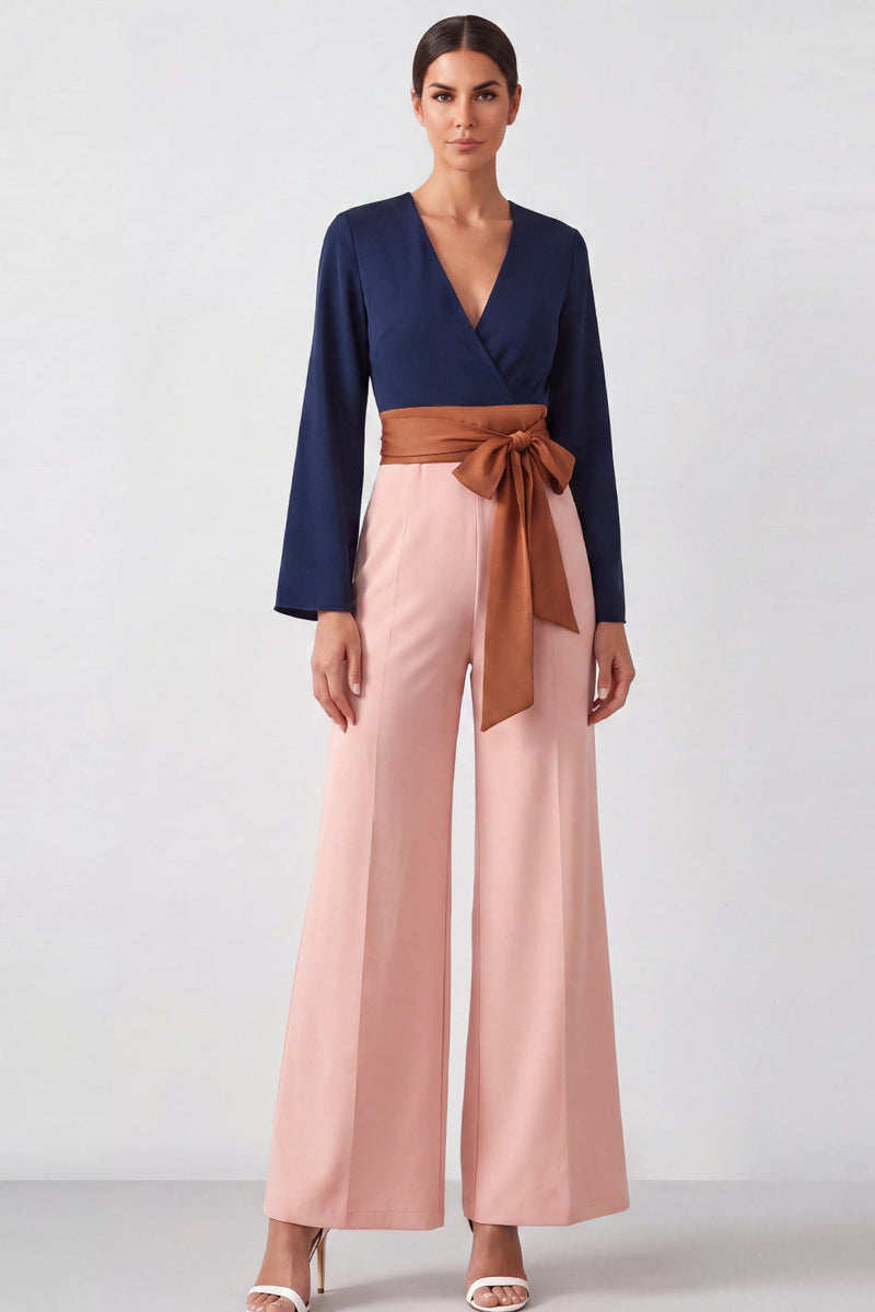 Load image into Gallery viewer, Brown V-Neck Color Block Formal Jumpsuits with Belt