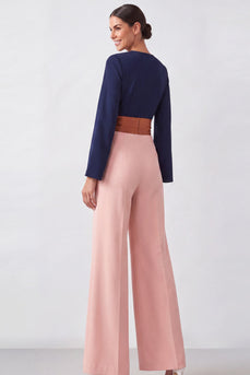 Brown V-Neck Color Block Formal Jumpsuits with Belt
