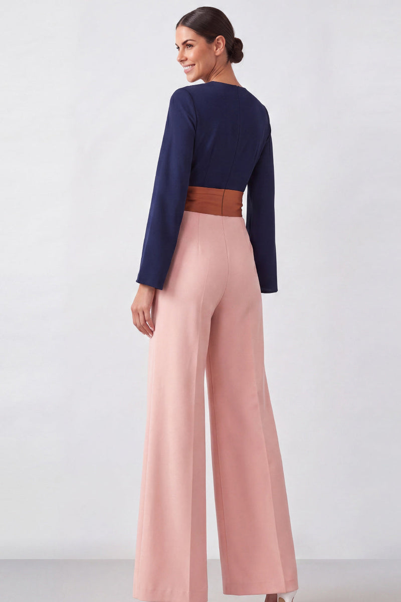 Load image into Gallery viewer, Brown V-Neck Color Block Formal Jumpsuits with Belt