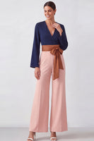 Load image into Gallery viewer, Brown V-Neck Color Block Formal Jumpsuits with Belt