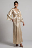 Load image into Gallery viewer, Sparkly Metallic Champagne Long Sheath V-Neck Ruched Mother of the Bride Dress