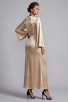 Load image into Gallery viewer, Sparkly Metallic Champagne Long Sheath V-Neck Ruched Mother of the Bride Dress