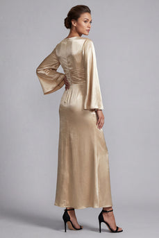 Sparkly Metallic Champagne Long Sheath V-Neck Ruched Mother of the Bride Dress
