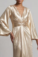 Load image into Gallery viewer, Sparkly Metallic Champagne Long Sheath V-Neck Ruched Mother of the Bride Dress