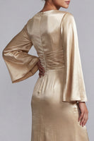 Load image into Gallery viewer, Sparkly Metallic Champagne Long Sheath V-Neck Ruched Mother of the Bride Dress
