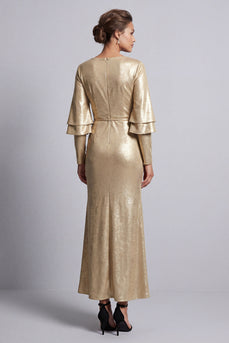 Sparkly Metallic Ruched Champagne Long Sheath Mother of the Bride Dress