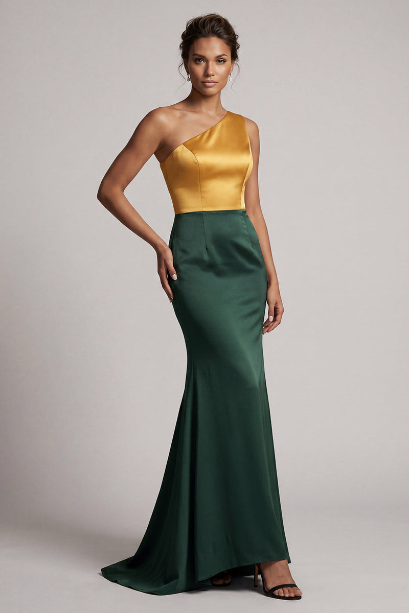 Load image into Gallery viewer, Mermaid Green and Yellow Color Block Patchwork Long Formal Dress