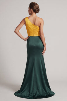 Mermaid Green and Yellow Color Block Patchwork Long Formal Dress