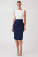 Load image into Gallery viewer, White and Navy Patchwork Color Block Pencil Boat Neck Short Work Dress