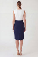 Load image into Gallery viewer, White and Navy Patchwork Color Block Pencil Boat Neck Short Work Dress