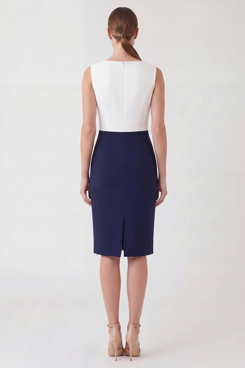 Load image into Gallery viewer, White and Navy Patchwork Color Block Pencil Boat Neck Short Work Dress