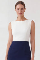 Load image into Gallery viewer, White and Navy Patchwork Color Block Pencil Boat Neck Short Work Dress