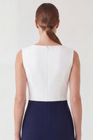 Load image into Gallery viewer, White and Navy Patchwork Color Block Pencil Boat Neck Short Work Dress