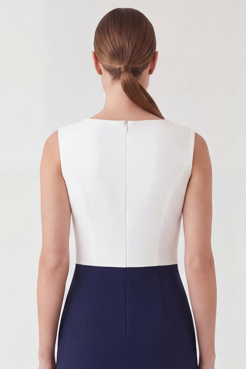 Load image into Gallery viewer, White and Navy Patchwork Color Block Pencil Boat Neck Short Work Dress