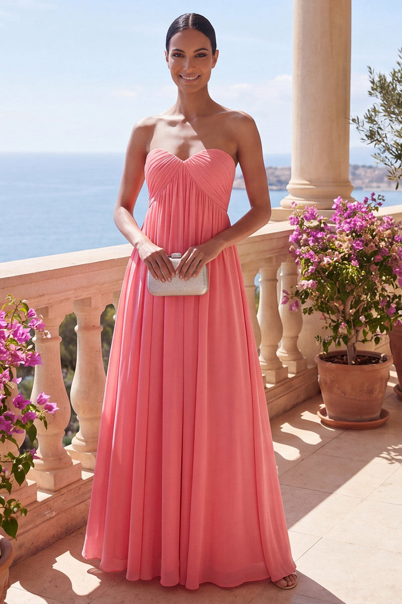 Load image into Gallery viewer, Pink Strapless Maxi Ruched A Line Beach Wedding Guest Dress