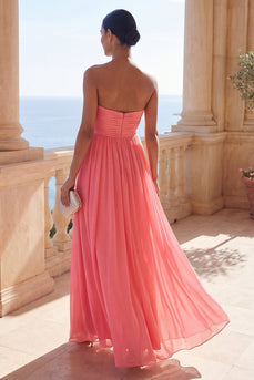 Pink Strapless Maxi Ruched A Line Beach Wedding Guest Dress