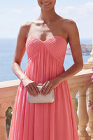Load image into Gallery viewer, Pink Strapless Maxi Ruched A Line Beach Wedding Guest Dress