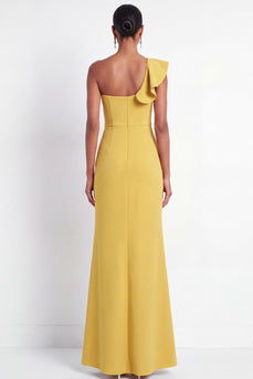 Butter Yellow Mermaid One Shoulder Maxi Wedding Guest Dress with Ruffles
