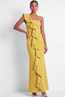 Load image into Gallery viewer, Butter Yellow Mermaid One Shoulder Maxi Wedding Guest Dress with Ruffles