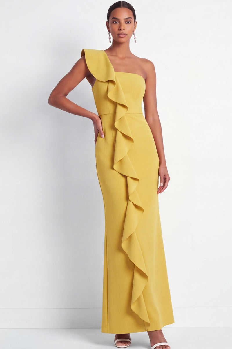 Load image into Gallery viewer, Butter Yellow Mermaid One Shoulder Maxi Wedding Guest Dress with Ruffles