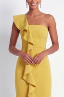 Load image into Gallery viewer, Butter Yellow Mermaid One Shoulder Maxi Wedding Guest Dress with Ruffles
