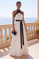 Load image into Gallery viewer, Halter Black and White A Line Long Formal Dress with Belt
