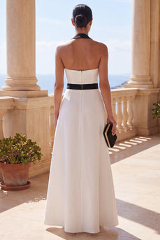 Halter Black and White A Line Long Formal Dress with Belt