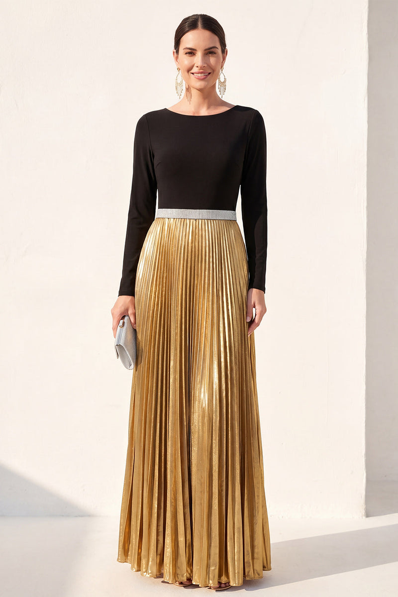 Load image into Gallery viewer, Metallic Black Golden A Line Boat Neck Long Formal Dress with Pleats