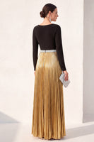 Load image into Gallery viewer, Metallic Black Golden A Line Boat Neck Long Formal Dress with Pleats