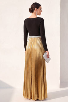 Metallic Black Golden A Line Boat Neck Long Formal Dress with Pleats