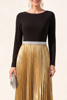Load image into Gallery viewer, Metallic Black Golden A Line Boat Neck Long Formal Dress with Pleats