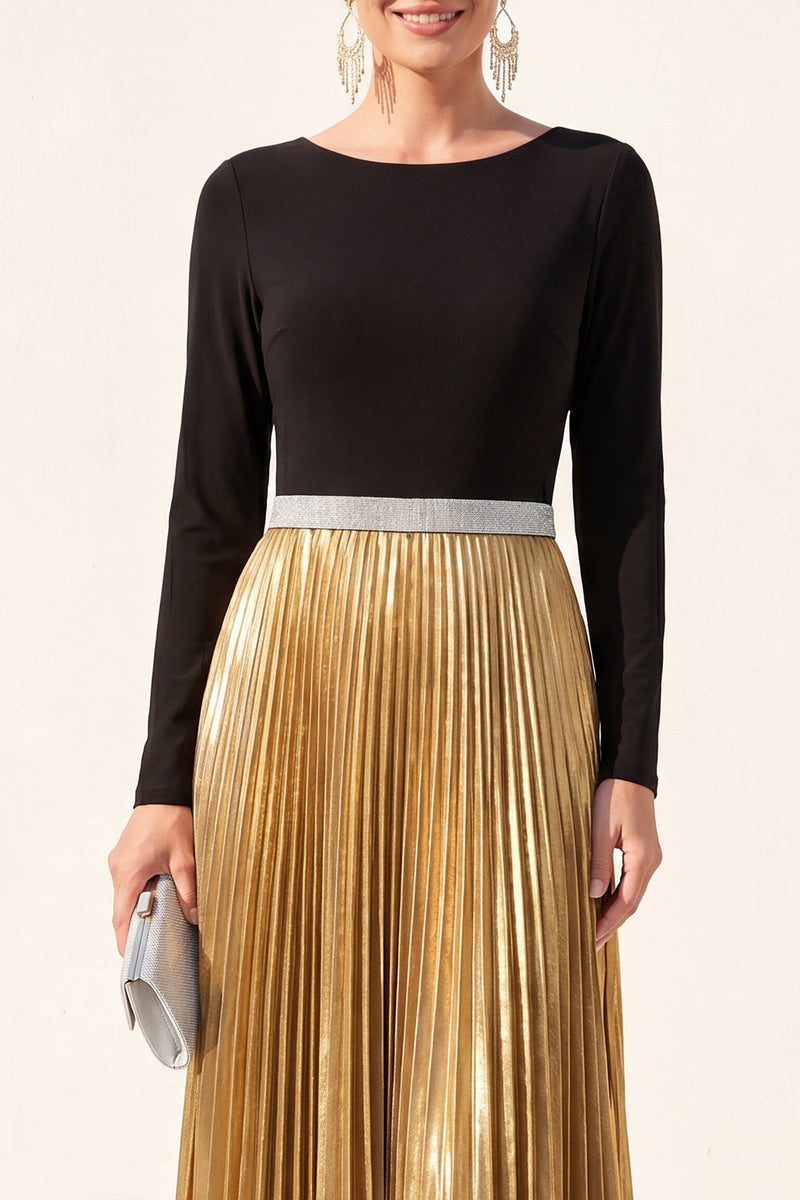 Load image into Gallery viewer, Metallic Black Golden A Line Boat Neck Long Formal Dress with Pleats