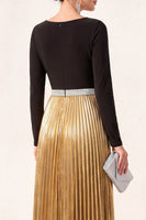 Load image into Gallery viewer, Metallic Black Golden A Line Boat Neck Long Formal Dress with Pleats