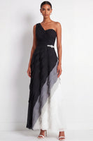 Load image into Gallery viewer, Maxi Black and White A Line Color Block Wedding Guest Dress with Ruffles