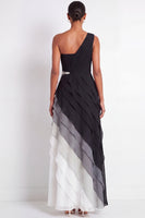 Load image into Gallery viewer, Maxi Black and White A Line Color Block Wedding Guest Dress with Ruffles