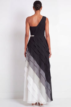 Maxi Black and White A Line Color Block Wedding Guest Dress with Ruffles