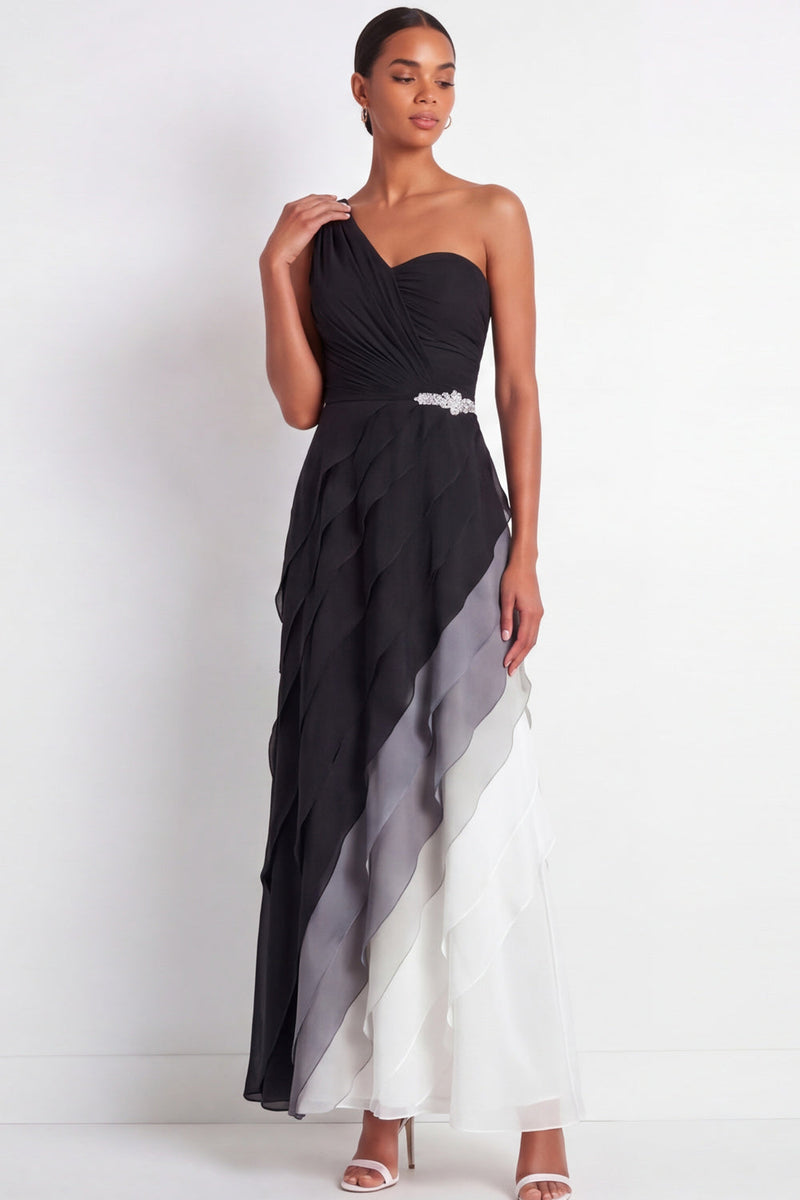 Load image into Gallery viewer, Maxi Black and White A Line Color Block Wedding Guest Dress with Ruffles