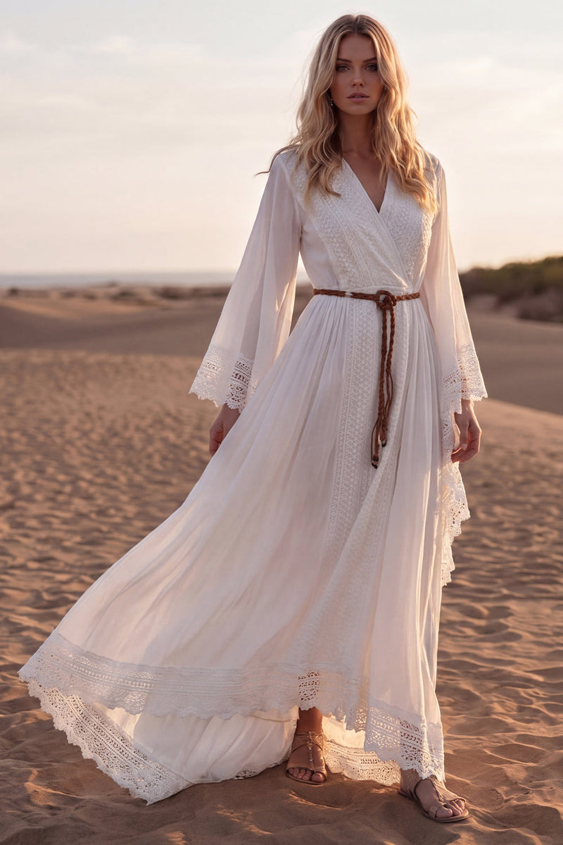 Load image into Gallery viewer, White V-Neck Long Sleeves A Line Beach Western Wedding Dress with Lace