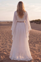 Load image into Gallery viewer, White V-Neck Long Sleeves A Line Beach Western Wedding Dress with Lace