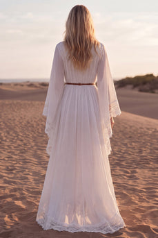 White V-Neck Long Sleeves A Line Beach Western Wedding Dress with Lace