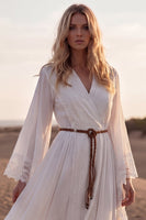 Load image into Gallery viewer, White V-Neck Long Sleeves A Line Beach Western Wedding Dress with Lace
