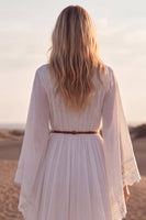 Load image into Gallery viewer, White V-Neck Long Sleeves A Line Beach Western Wedding Dress with Lace
