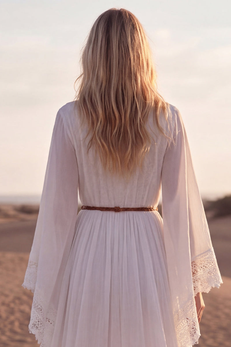 Load image into Gallery viewer, White V-Neck Long Sleeves A Line Beach Western Wedding Dress with Lace