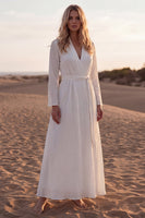 Load image into Gallery viewer, V-Neck A Line White Long Sleeves Western Beach Wedding Dress with Sash