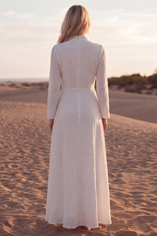 V-Neck A Line White Long Sleeves Western Beach Wedding Dress with Sash