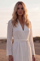 Load image into Gallery viewer, V-Neck A Line White Long Sleeves Western Beach Wedding Dress with Sash