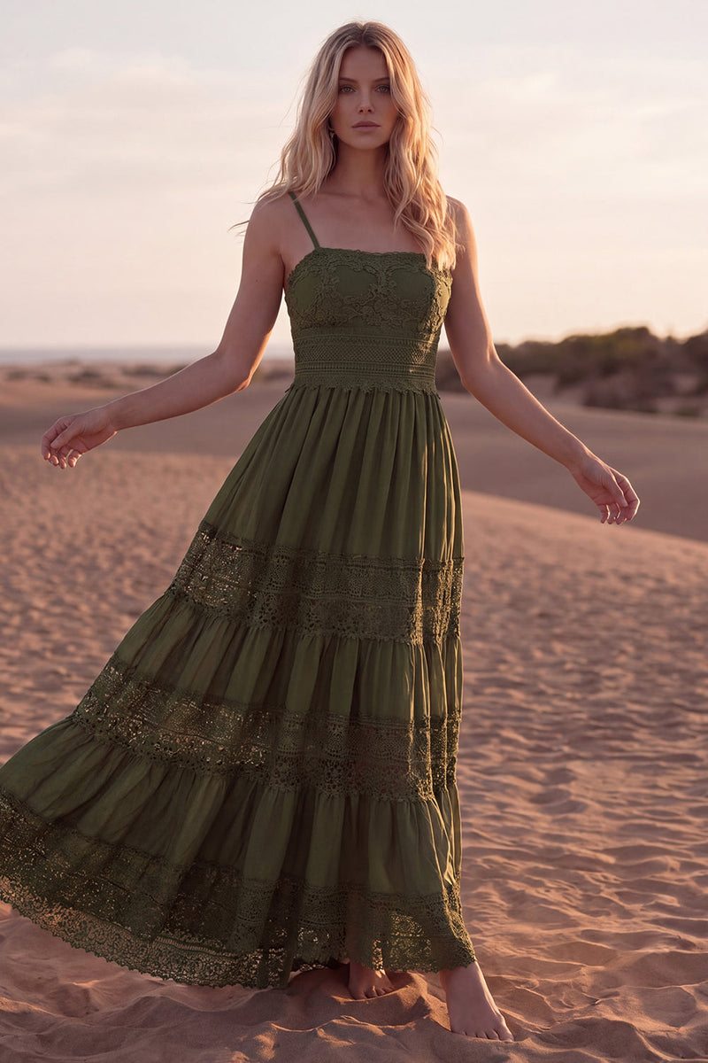 Load image into Gallery viewer, Green A Line Maxi Spaghetti Straps Boho Dress with Lace