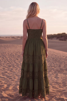 Green A Line Maxi Spaghetti Straps Boho Dress with Lace