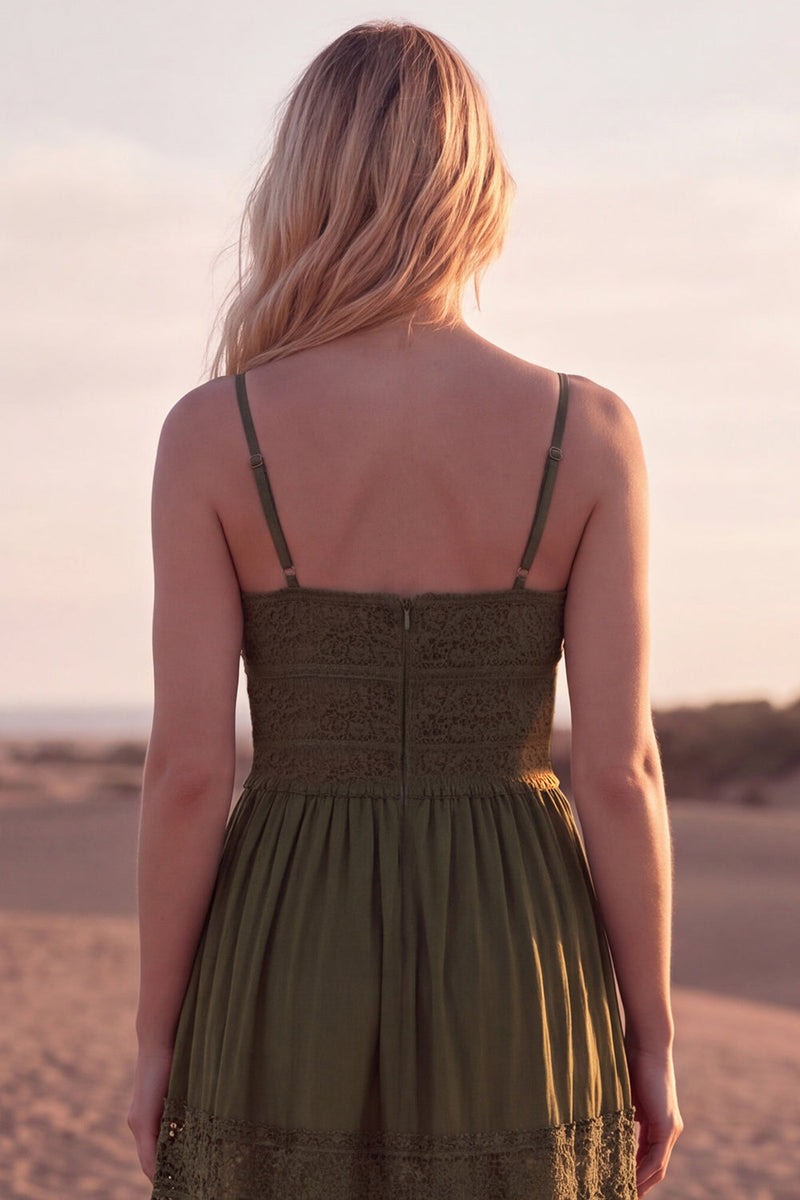 Load image into Gallery viewer, Green A Line Maxi Spaghetti Straps Boho Dress with Lace
